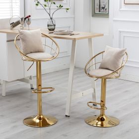 Off-White velvet bar chair; pure gold plated; unique design; 360 degree rotation; adjustable height; Suitable for dinning room and bar; set of 2