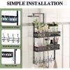 Hooks on the door to hang clothes; towel rack on the door with 2 baskets; coat rack on the door bathroom organizer; black