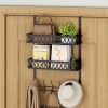 Hooks on the door to hang clothes; towel rack on the door with 2 baskets; coat rack on the door bathroom organizer; black